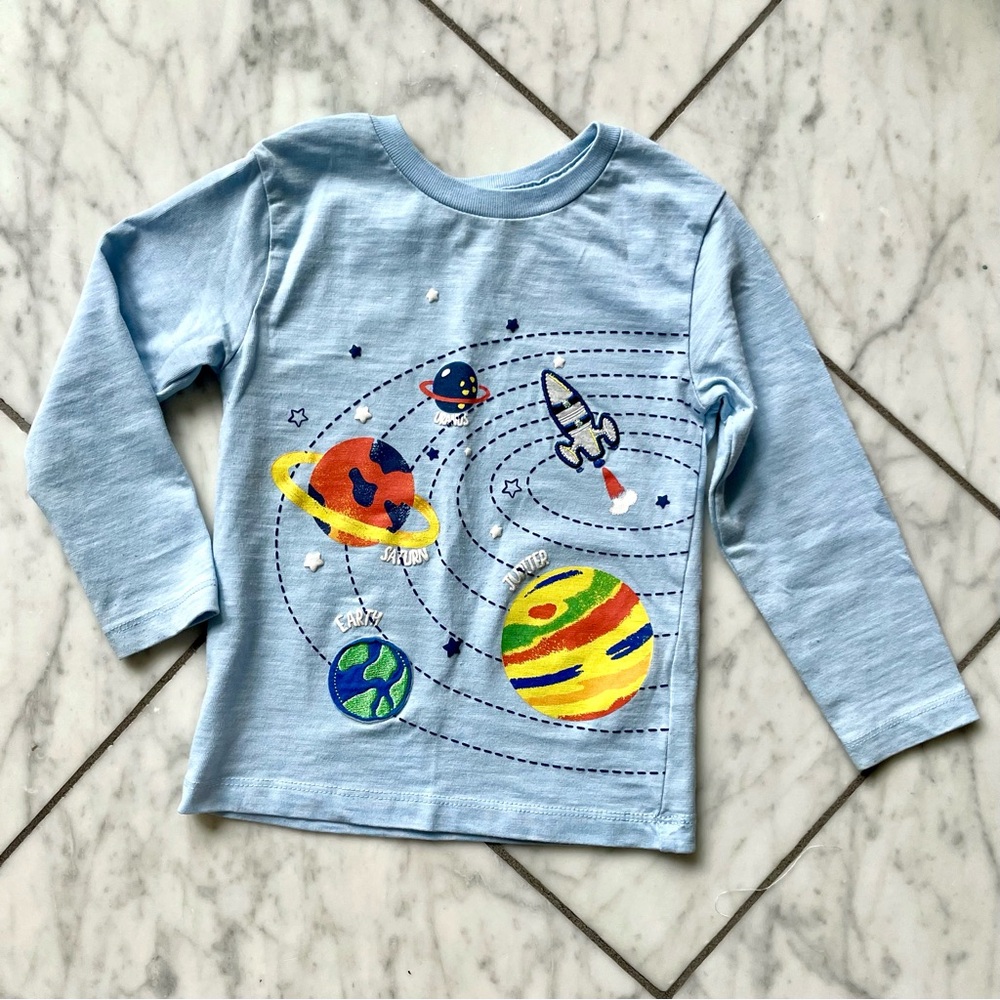 Little Me Blue Long Sleeve Space Tee with Appliqué Patches